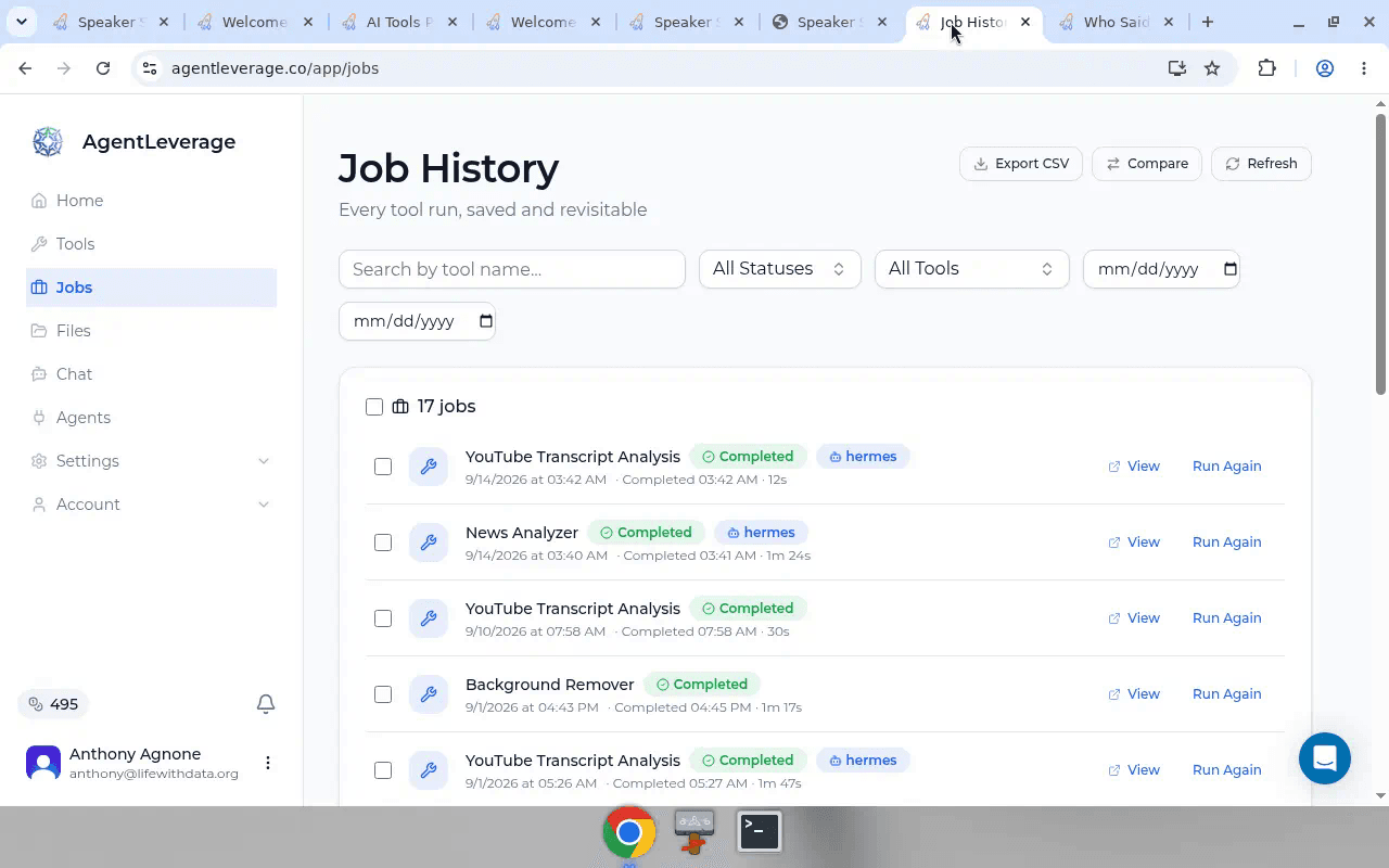 Job list with Hermes runs for News Analyzer and YouTube Transcript