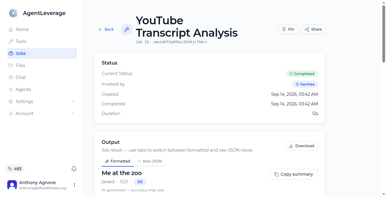 YouTube Transcript finished on a short clip titled Me at the zoo