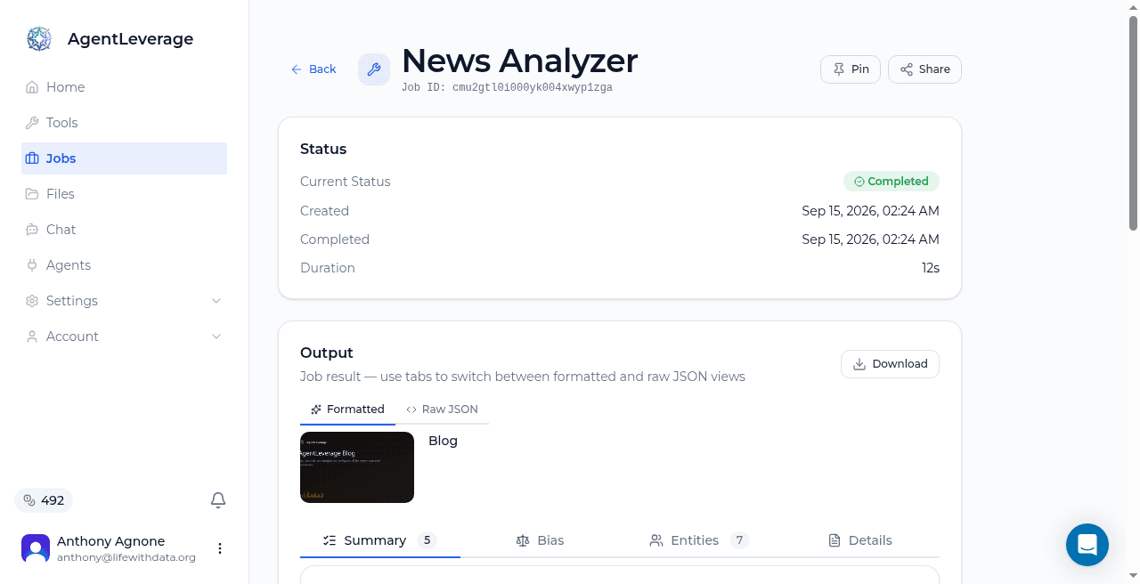 News Analyzer finished on the AgentLeverage blog, with summary tabs ready to review
