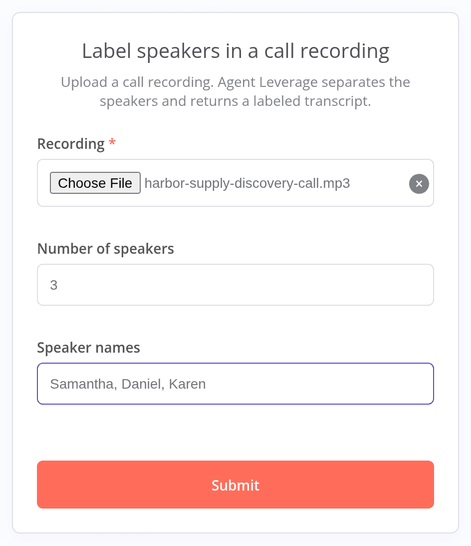 The n8n form titled Label speakers in a call recording, with harbor-supply-discovery-call.mp3 attached, 3 in Number of speakers, and Samantha, Daniel, Karen in Speaker names.