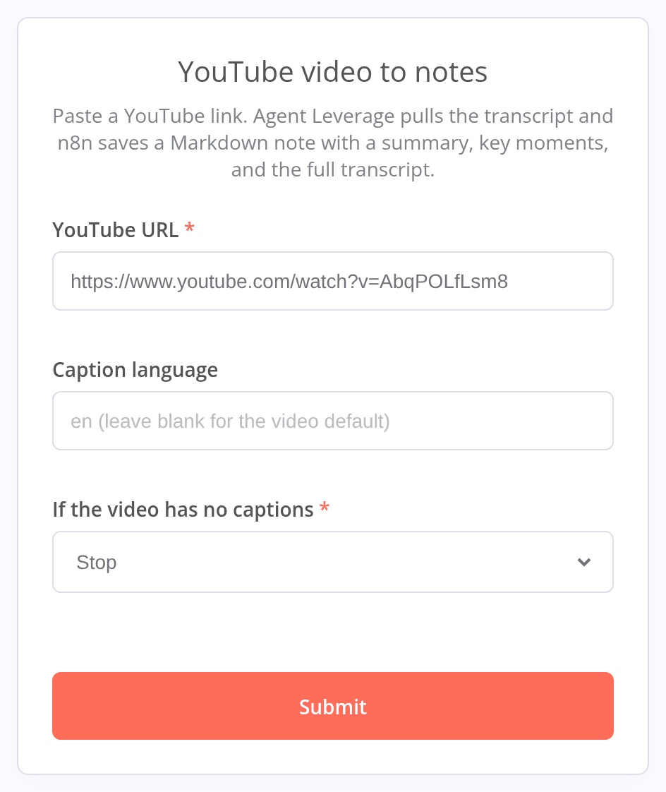 The n8n form titled YouTube video to notes, with https://www.youtube.com/watch?v=AbqPOLfLsm8 in YouTube URL, Caption language blank, and Stop selected for If the video has no captions.