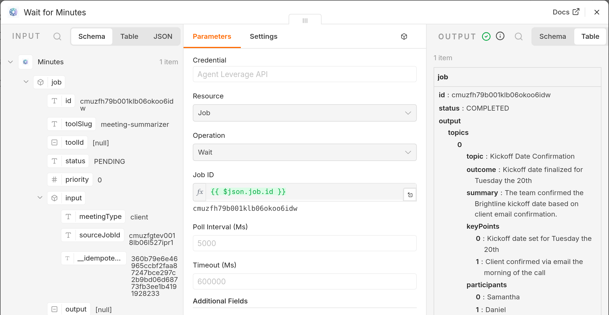 n8n Wait for Minutes node from the same run: the input carries sourceJobId from the Speaker Separation job, and the output shows the Minutes job COMPLETED with topics, key points, and participants.