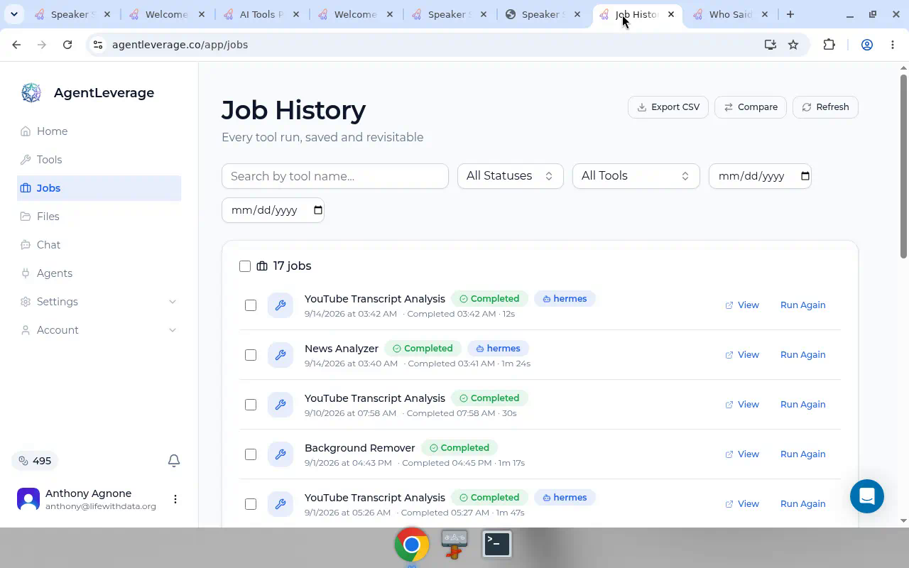 Job list with Hermes runs for News Analyzer and YouTube Transcript