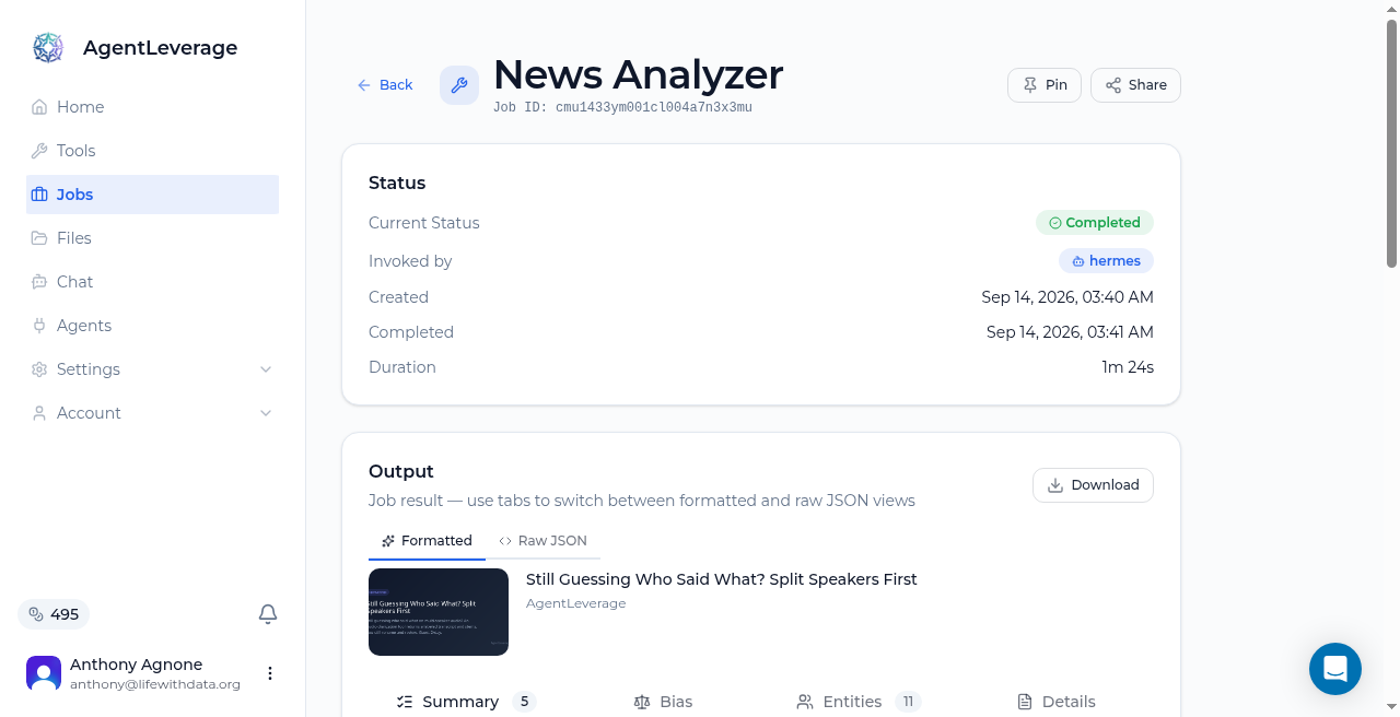 News Analyzer finished on a blog post, with summary, bias, and entities ready to review