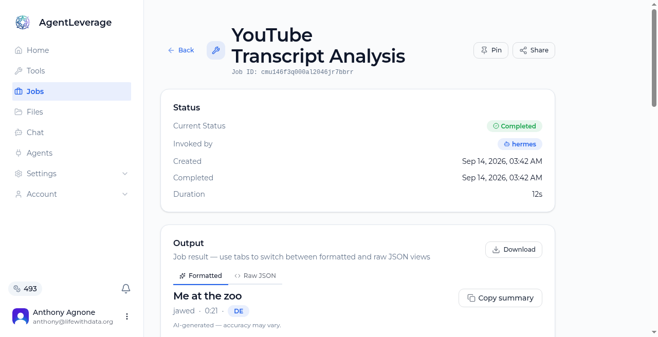 YouTube Transcript finished on a short clip titled Me at the zoo