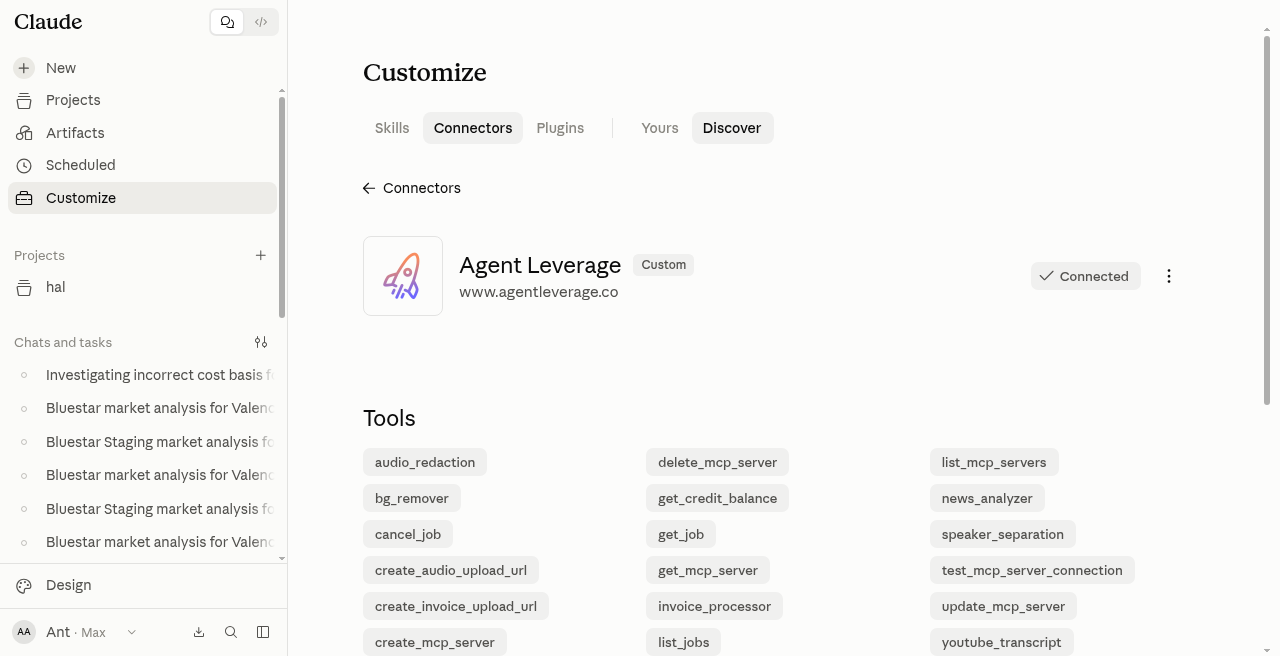Claude connectors page with AgentLeverage marked Connected