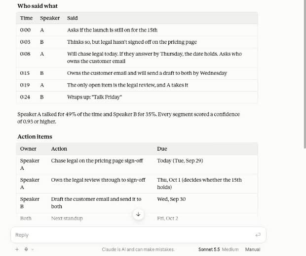 Claude chat showing a who-said-what table with timestamps and speakers, followed by an action items table with owners and due dates